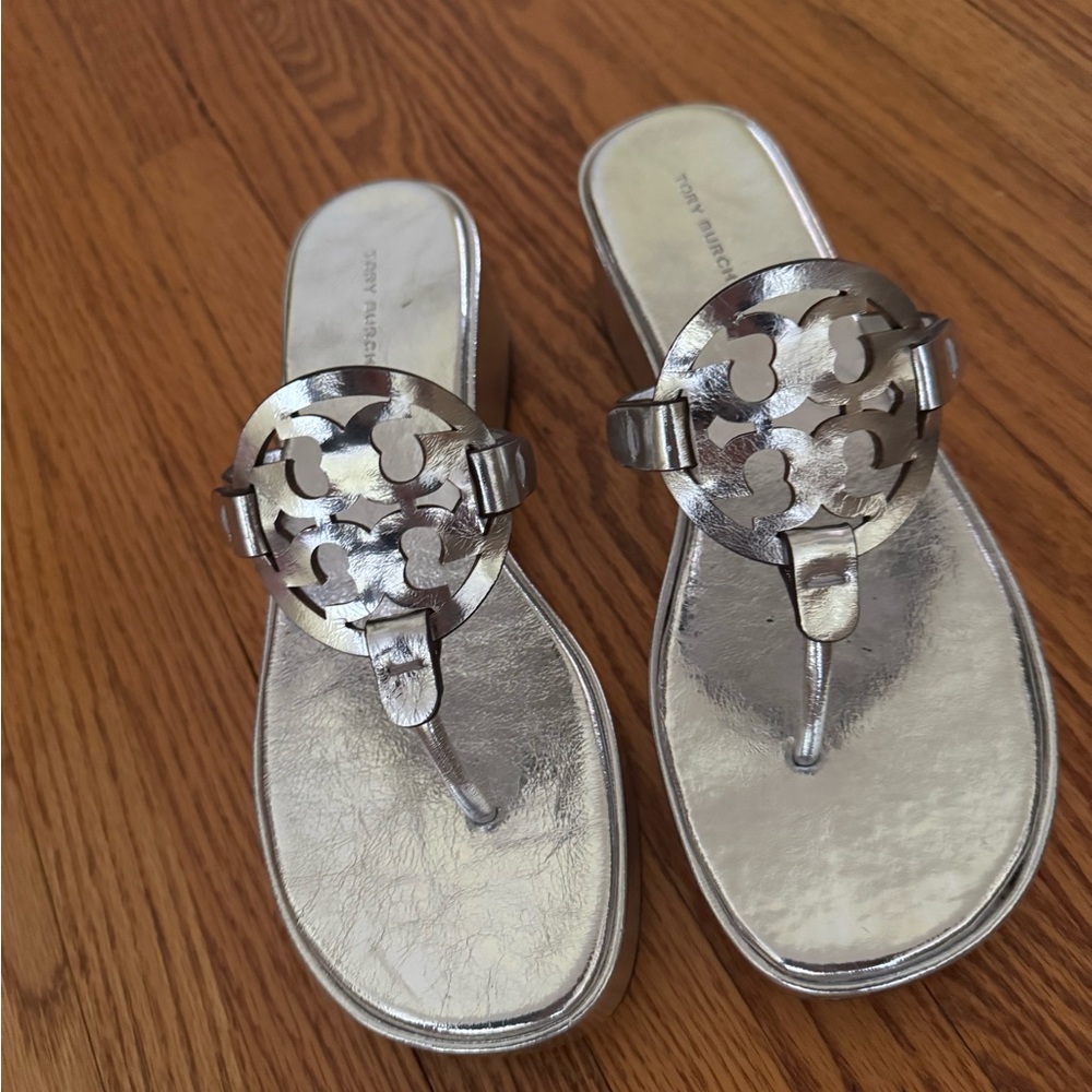 Miller Metallic Logo Wedge Thong Sandals